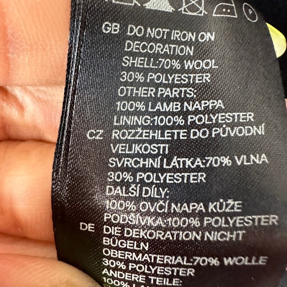 Black Wool PeaCoat With Contrasting 100% Lamb Nappa Leather Sleeves By H&M Sz 8 - Picture 7 of 10